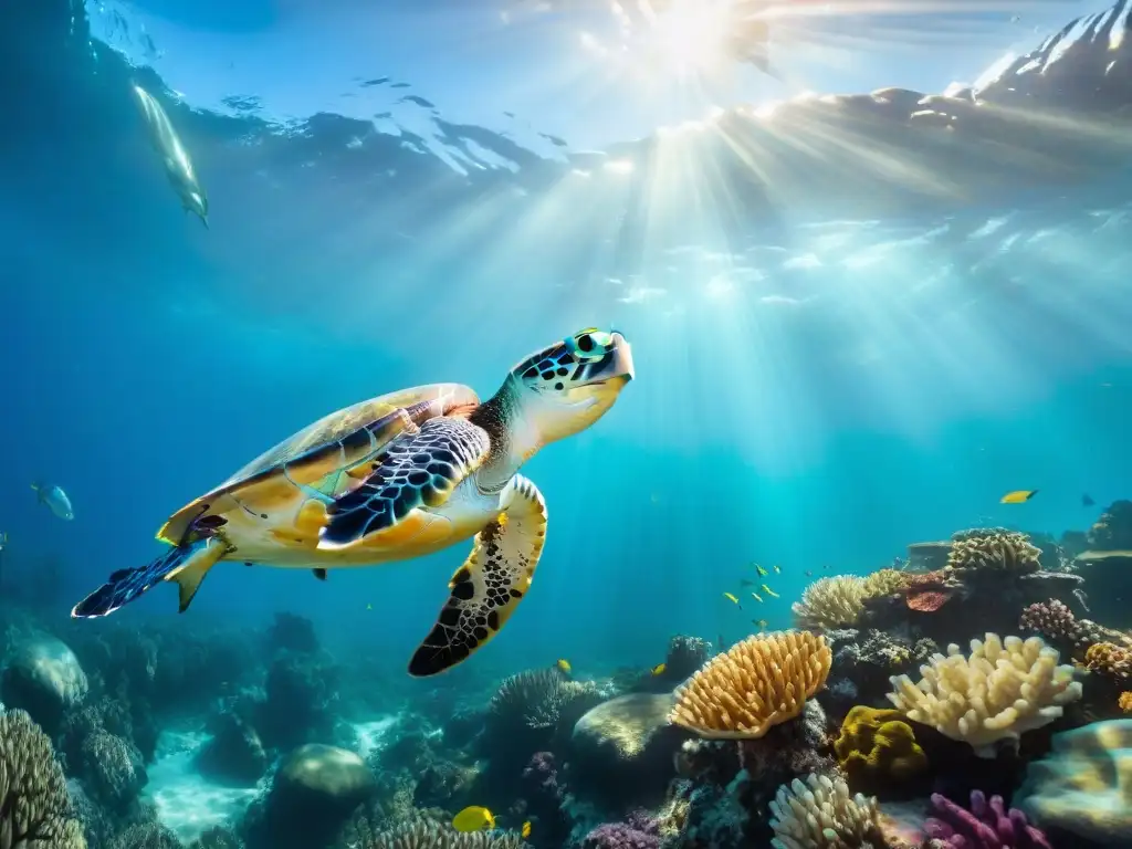 Escena submarina vibrante en el Océano Atlántico Sur con peces coloridos, tortugas marinas y ballenas nadando en un arrecife de coral