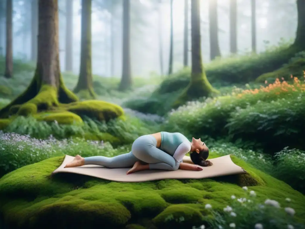 Escena tranquila en un bosque con un arroyo, una persona practicando yoga y flores silvestres