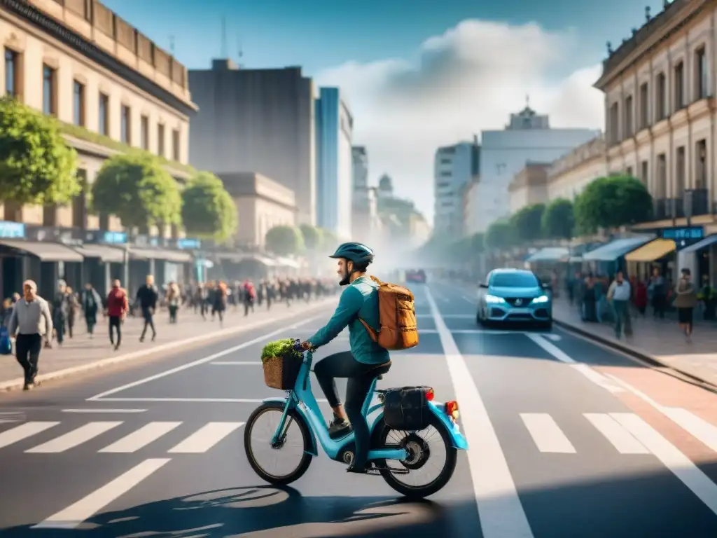 Escena urbana en Uruguay con aceras llenas de gente caminando, corriendo y en bicicleta, promoviendo desplazamiento a pie Uruguay