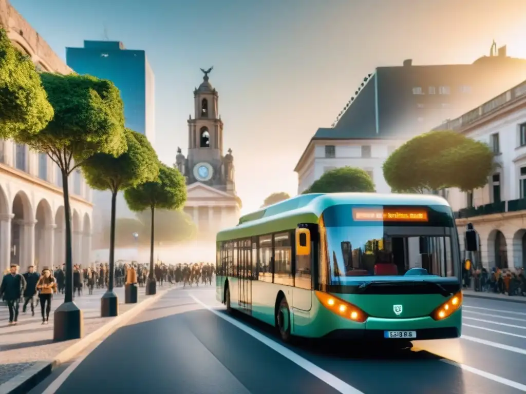 Escena urbana en Uruguay con movilidad sostenible: autobuses eléctricos, ciclistas, peatones y espacios verdes integrados en la ciudad al atardecer