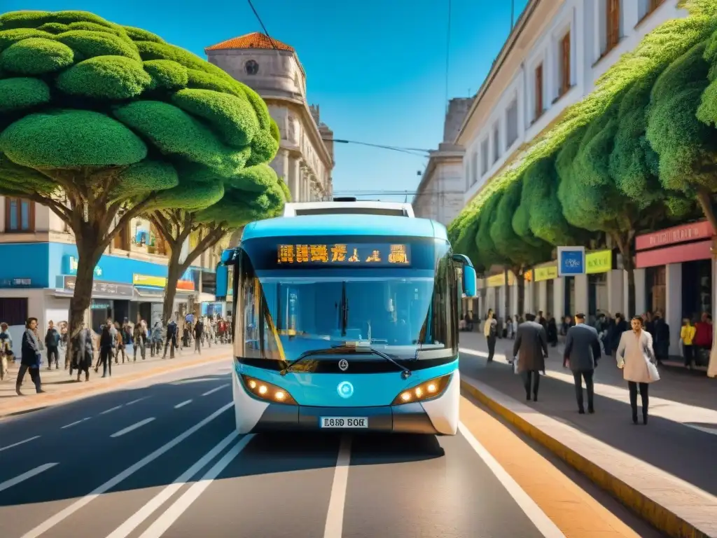 Escena urbana en Uruguay con transporte público verde y vibrante vida citadina bajo cielo azul