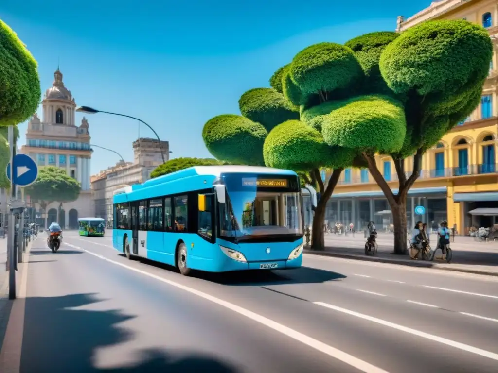 Escena urbana en Uruguay con transporte sostenible: buses eléctricos, bicicletas y peatones bajo cielos azules y arquitectura moderna