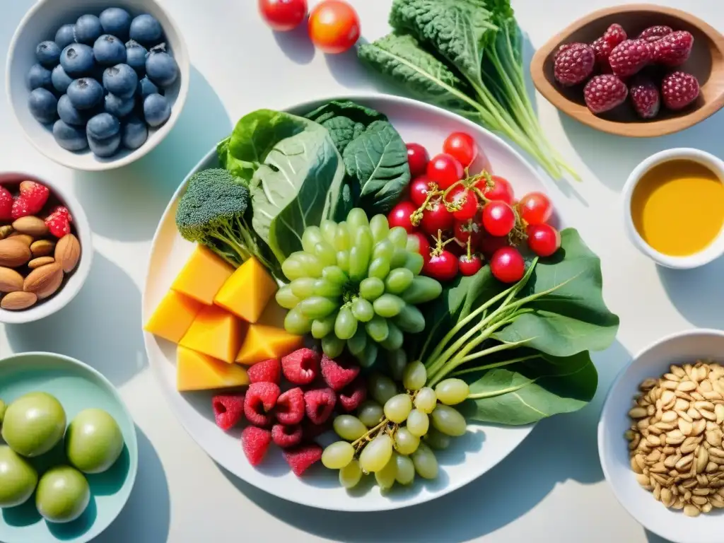 Una escena vibrante de alimentos para mejor absorción de nutrientes en un mercado con frutas, verduras frescas y colores vivos