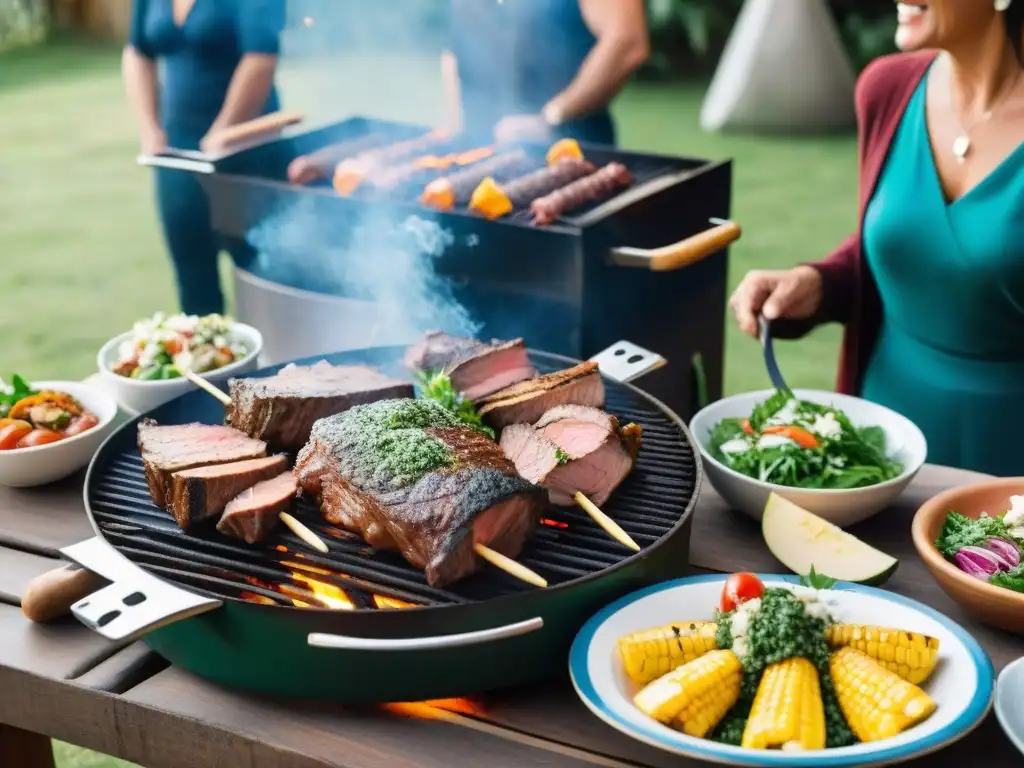 Una escena vibrante de un asado uruguayo tradicional en un patio, rodeado de amigos y familiares disfrutando de un día soleado de verano