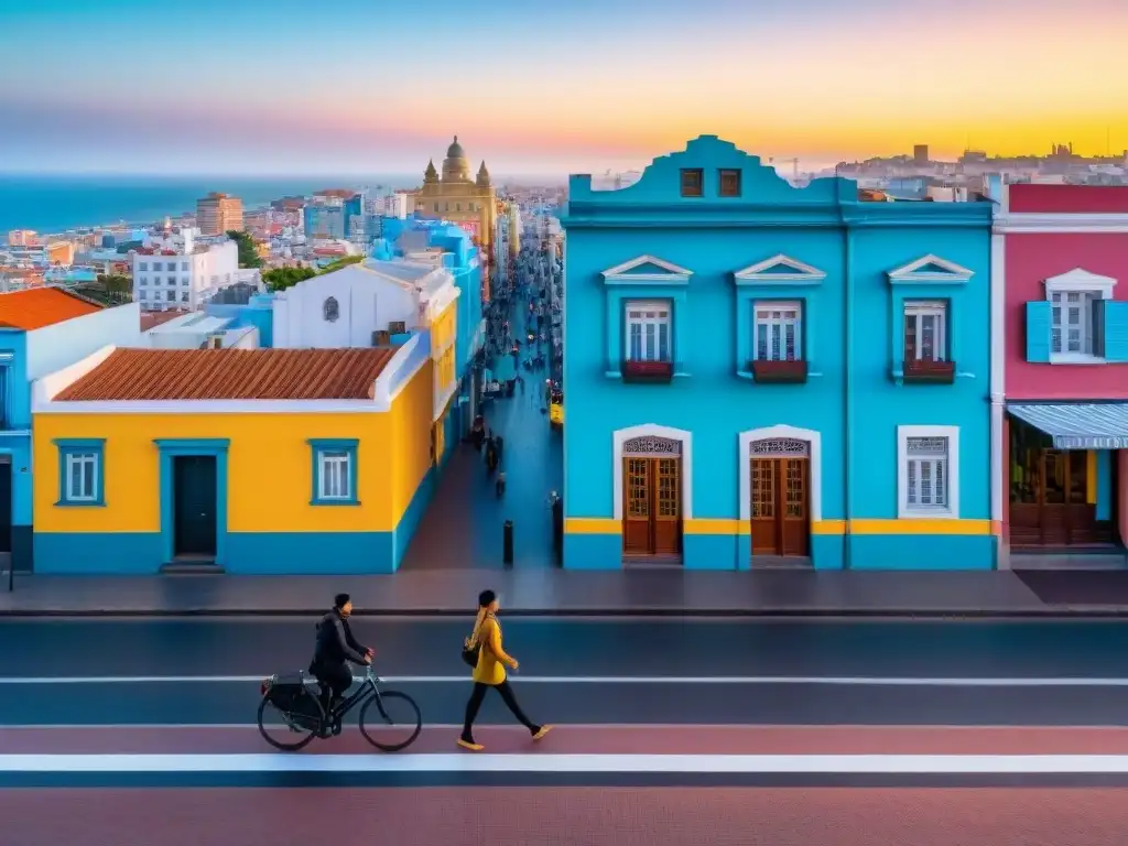 'Escena vibrante de Montevideo al atardecer, con gente practicando actividades de bienestar