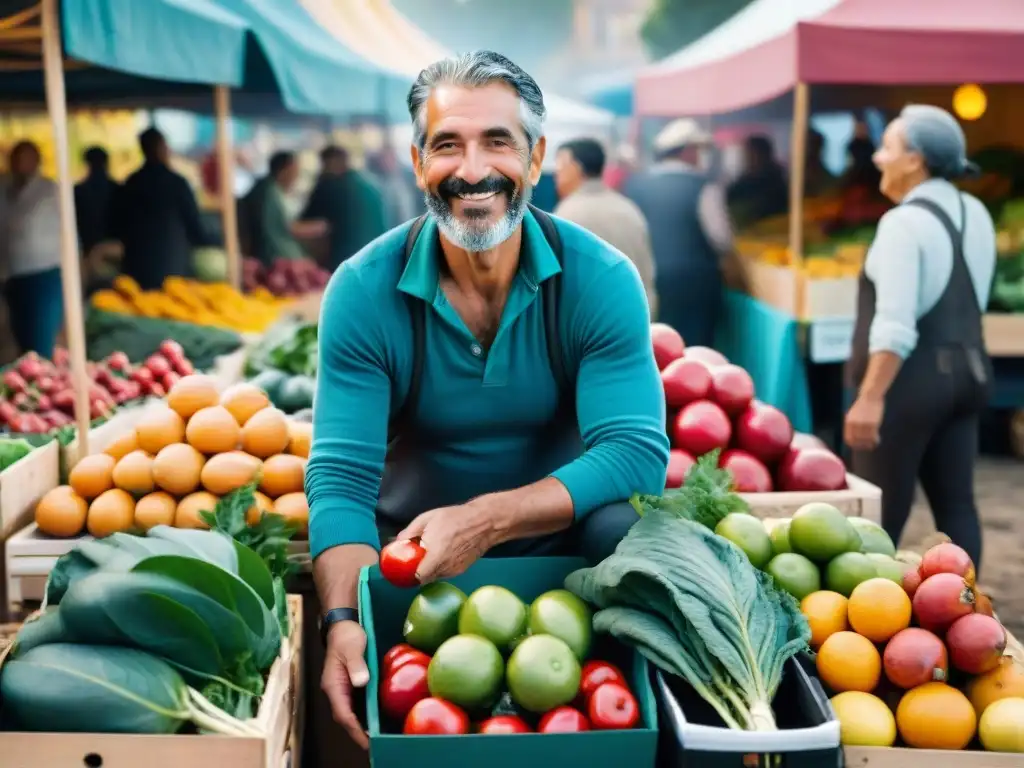 Escena vibrante de dieta sostenible en Uruguay con diversidad de personas disfrutando de frutas y verduras locales en un mercado colorido