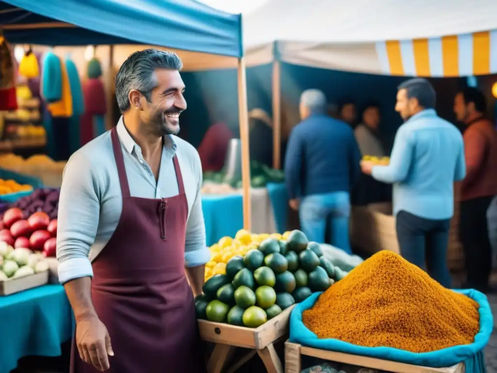 Escena vibrante y diversa en un mercado callejero de Uruguay, con integración de migrantes y variedad cultural