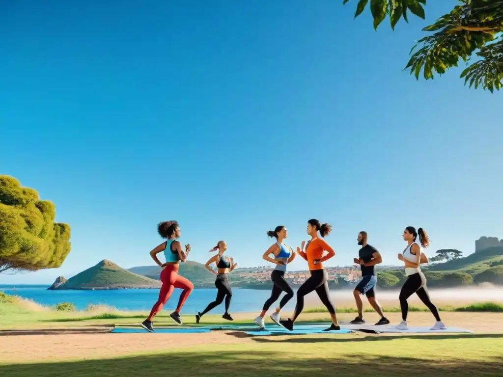 Una escena vibrante de diversidad y actividad al aire libre en un parque en Uruguay, promoviendo la salud preventiva en Uruguay