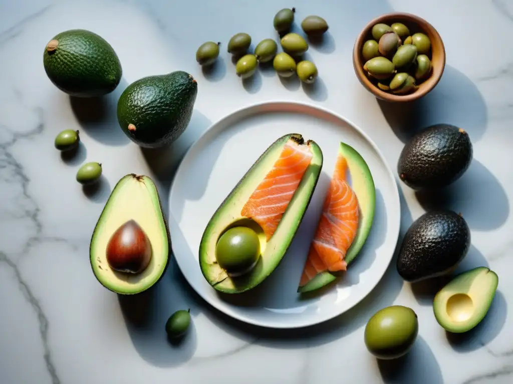 Una escena vibrante de fuentes saludables de grasas Uruguay: aguacates, aceitunas, frutos secos y filetes de salmón sobre una encimera de mármol