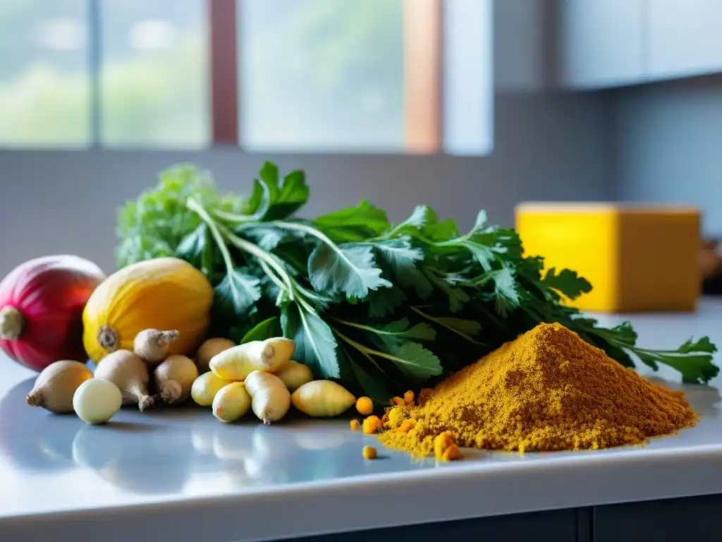 Una escena vibrante de ingredientes frescos de Ayurveda en Uruguay, como cúrcuma, cardamomo y verduras, en una cocina moderna y soleada