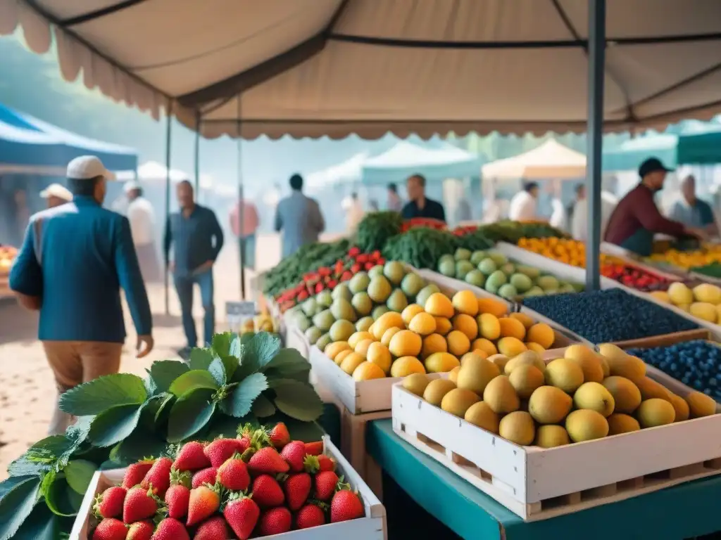 Escena vibrante en un mercado de agricultores en Uruguay con alternativas saludables al azúcar como stevia y jarabe de agave