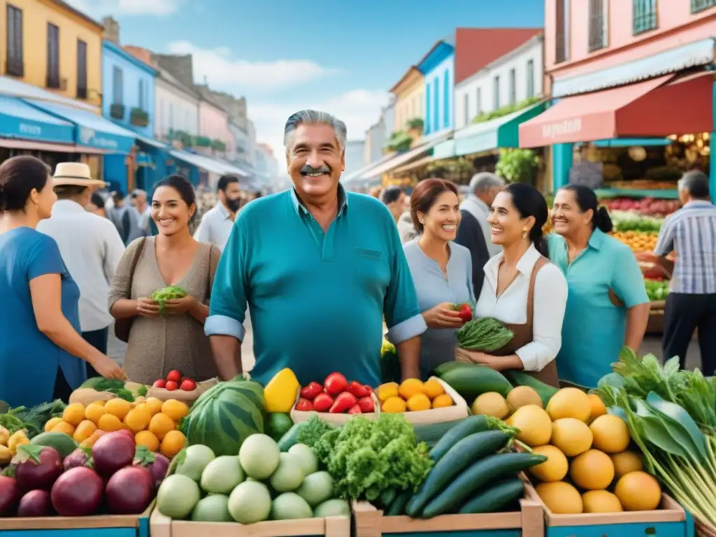 Escena vibrante de mercado al aire libre en Uruguay, donde la comunidad practica alimentación consciente