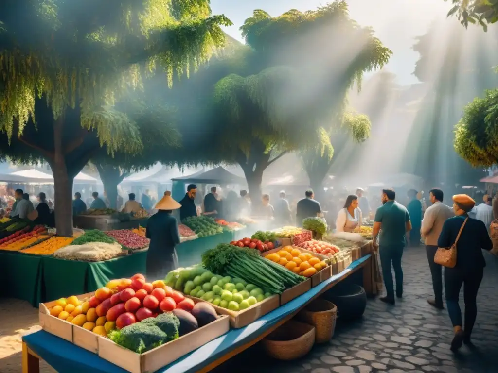 Una escena vibrante de un mercado en Uruguay con alimentos frescos y coloridos, reflejando la dieta uruguaya y la prevención de enfermedades crónicas