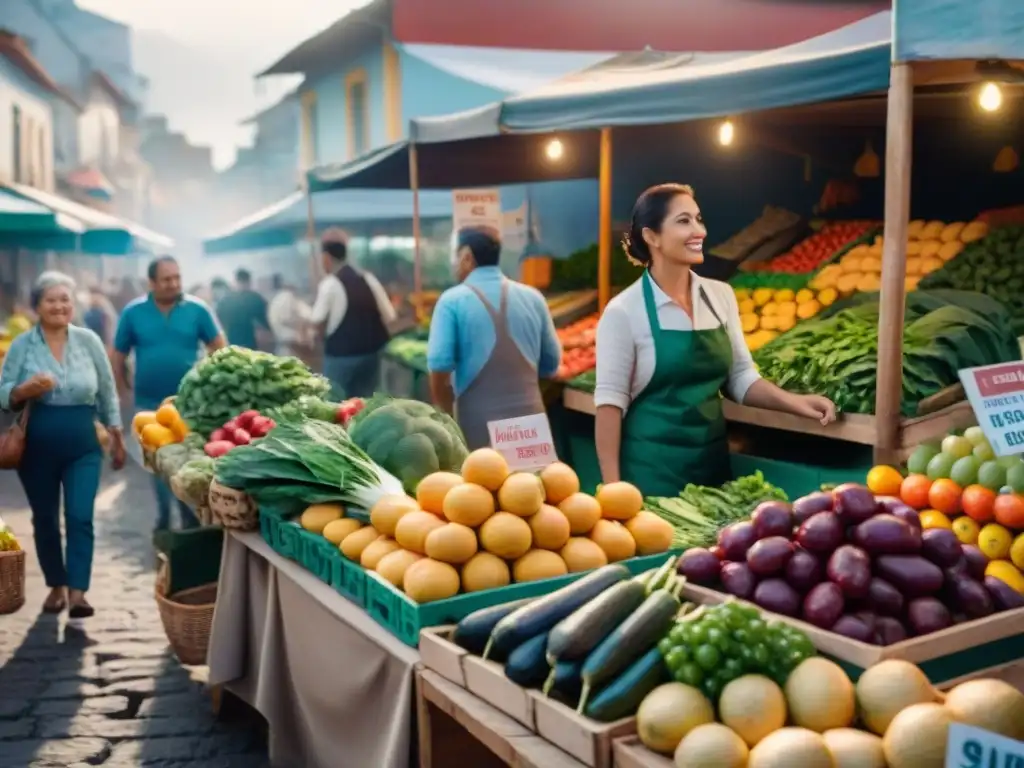 Escena vibrante de mercado en Uruguay con alimentos frescos y coloridos, promoviendo la alimentación consciente en Uruguay