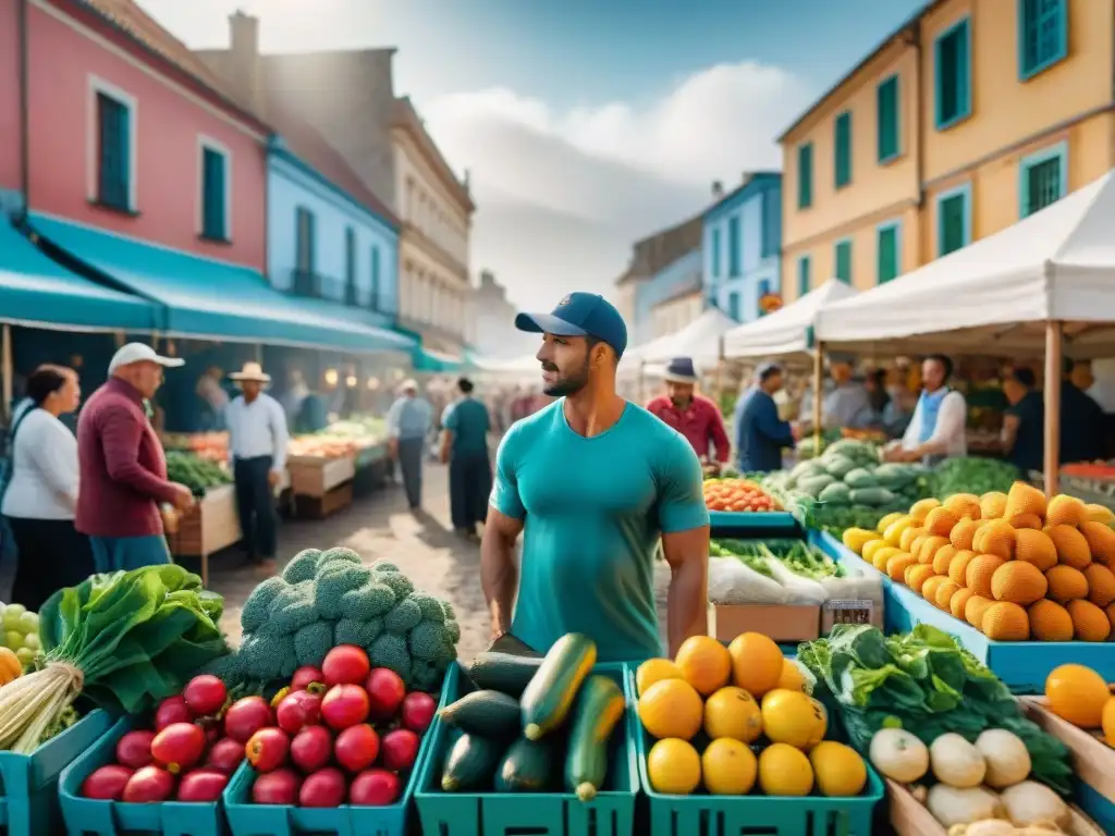 Escena vibrante de un mercado en Uruguay con alimentos frescos y coloridos, transmitiendo consejos de alimentación y bienestar mental