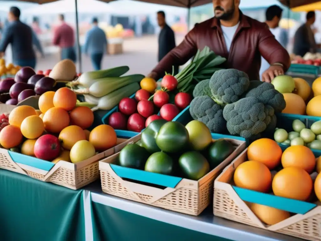 Escena vibrante de un mercado en Uruguay con alimentos frescos y coloridos