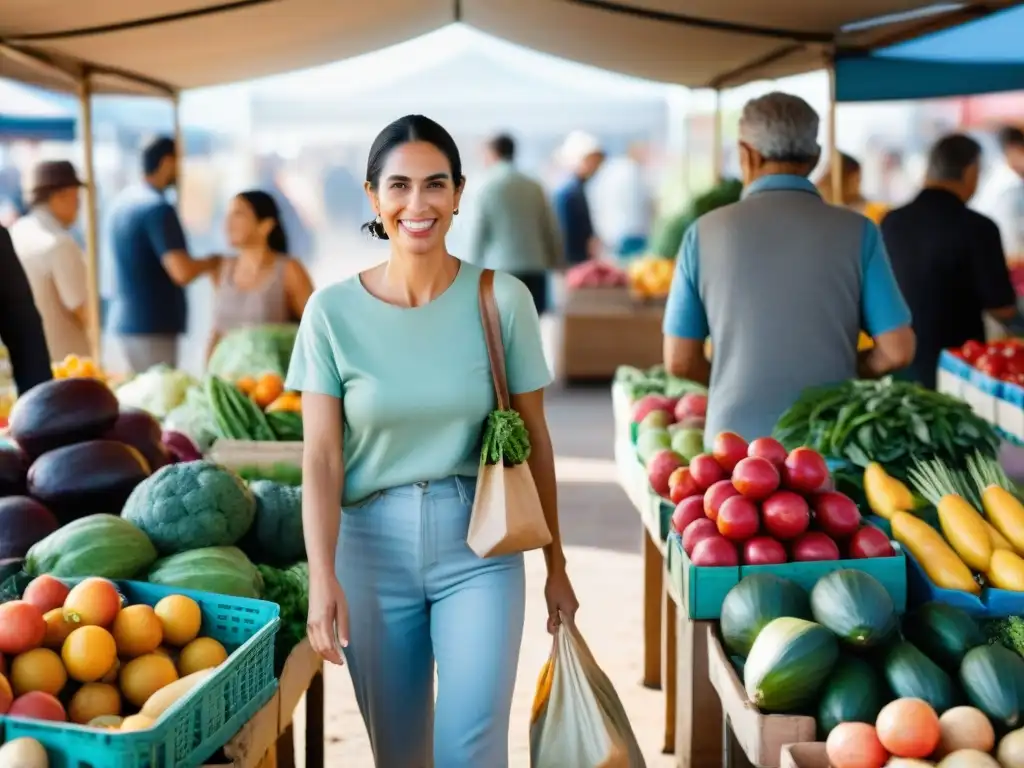 Escena vibrante en un mercado de Uruguay, donde la diversidad y la sostenibilidad se unen en el consumo responsable