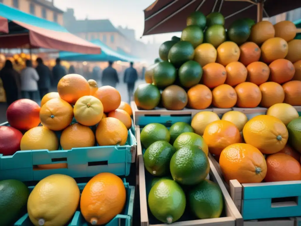 Una escena vibrante en un mercado de Montevideo, Uruguay, con frutas cítricas frescas y coloridas