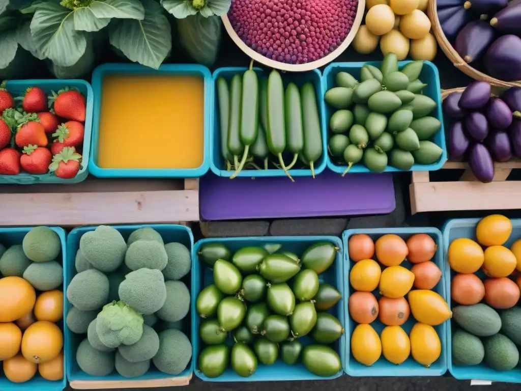 Escena vibrante de un mercado en Montevideo, Uruguay, con frutas y verduras frescas