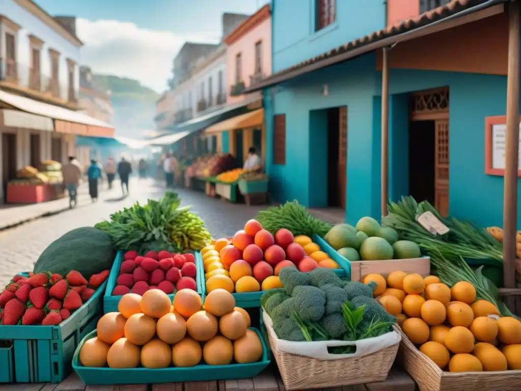 Escena vibrante de mercado en Uruguay con frutas y verduras coloridas, transmitiendo frescura y beneficios