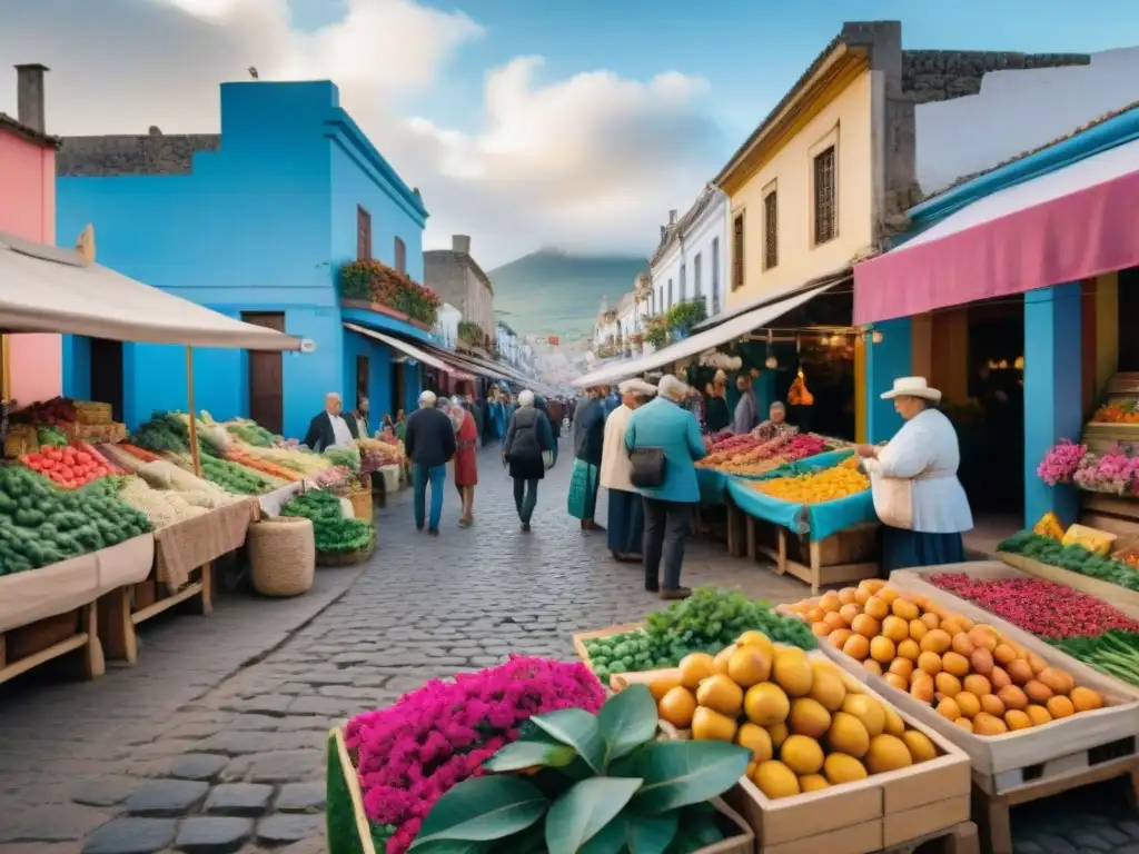 Escena vibrante de mercado en Uruguay con frutas, artesanías y arquitectura tradicional