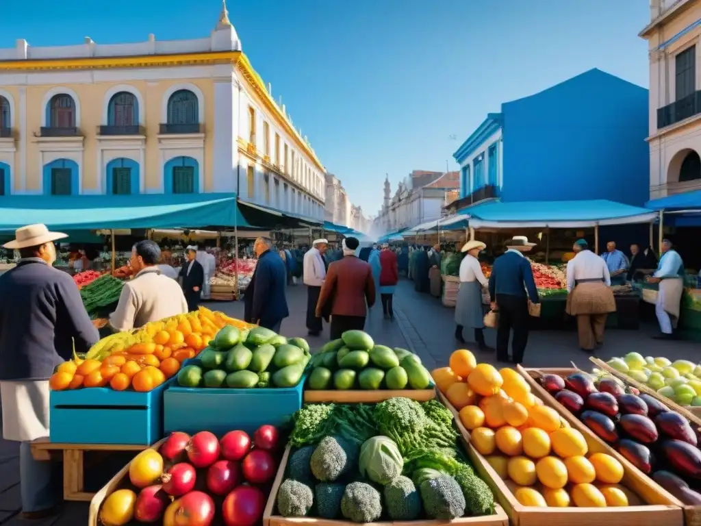 Una escena vibrante de un mercado agrícola en Montevideo, Uruguay, mostrando frutas y verduras coloridas en puestos de madera bajo la luz del sol