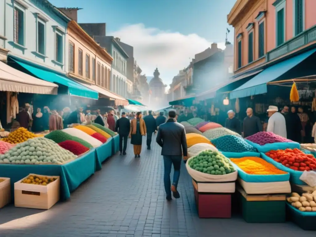 Escena vibrante de mercado en Montevideo con prendas sostenibles Uruguay guía