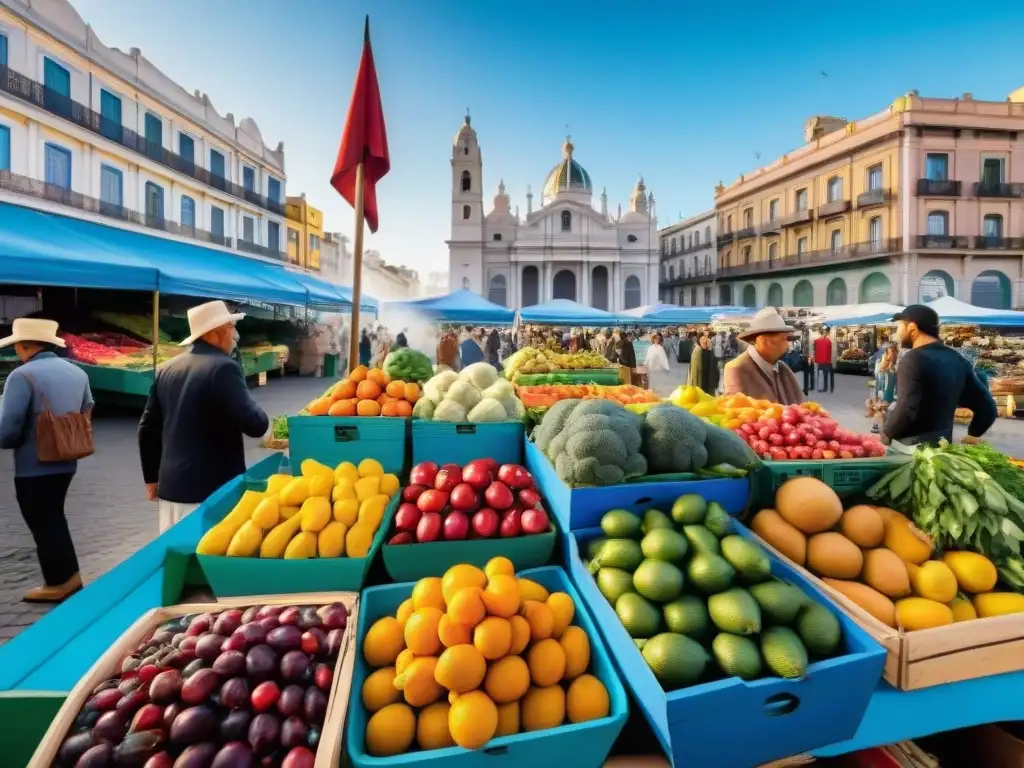 Escena vibrante de un mercado en Montevideo con productos orgánicos y locales