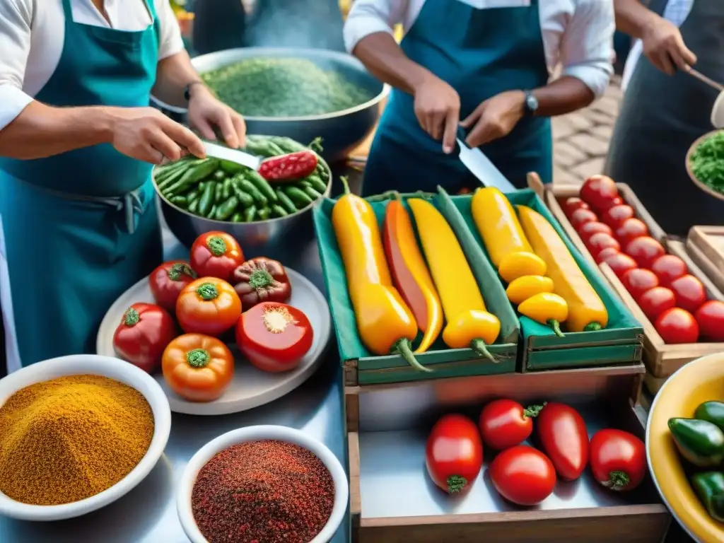 Escena vibrante de mercado en Uruguay con productos frescos y recetas saludables para el bienestar