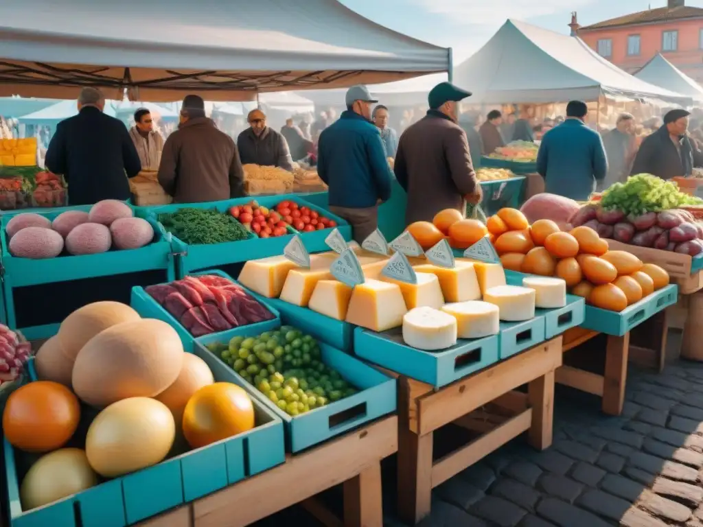 Escena vibrante de un mercado en Uruguay, con productos frescos y coloridos