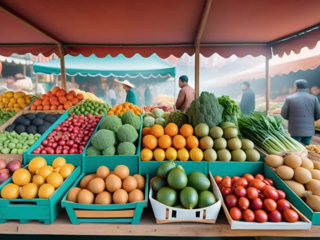 Una escena vibrante de un mercado uruguayo con frutas, verduras y alimentos tradicionales, mostrando errores comunes en dietas uruguayas