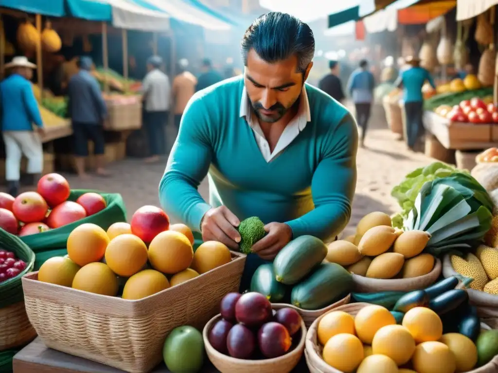 Escena vibrante en un mercado uruguayo con frutas, verduras y granos ricos en fibra, transmitiendo salud y beneficios suplementos fibra salud Uruguay