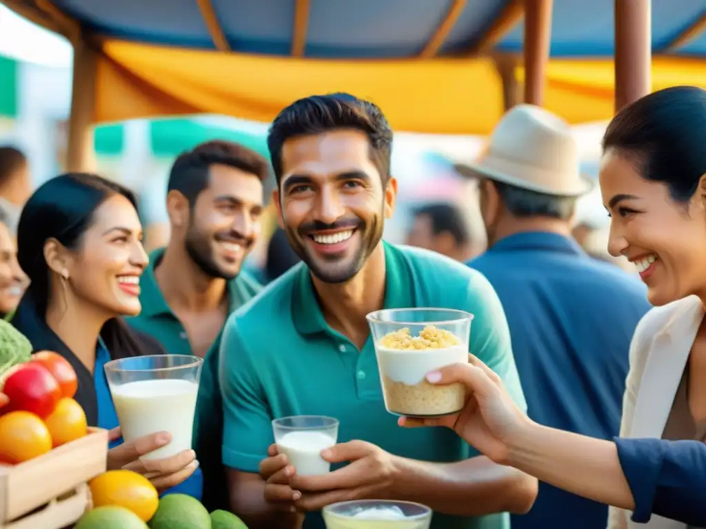 Una escena vibrante en un mercado uruguayo, personas diversas disfrutan alimentos probióticos