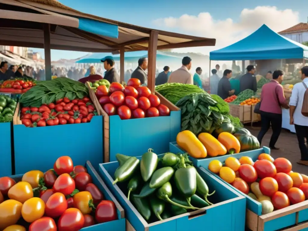 Escena vibrante de un mercado uruguayo con alimentos frescos y coloridos en puestos de madera