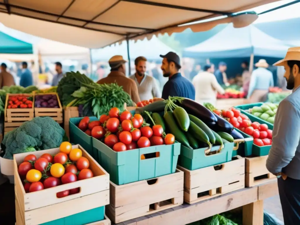 Escena vibrante en un mercado uruguayo con frutas y verduras frescas, reflejando la gastronomía sostenible en Uruguay