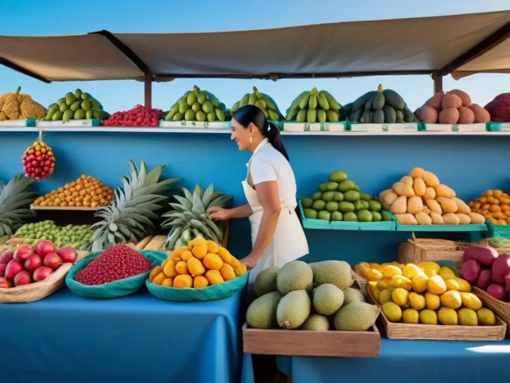 Una escena vibrante en un mercado uruguayo con frutas y verduras coloridas, locales comprando bajo un cielo azul