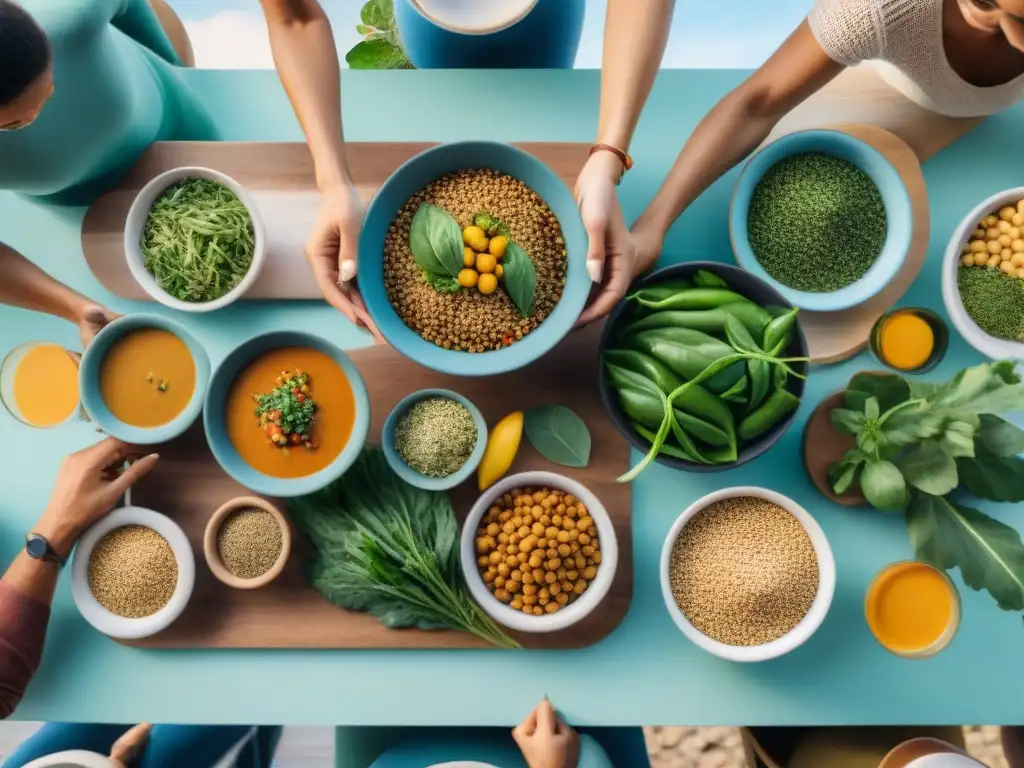 Una escena vibrante y moderna en Uruguay, personas disfrutando de una comida vegana en un restaurante acogedor y elegante