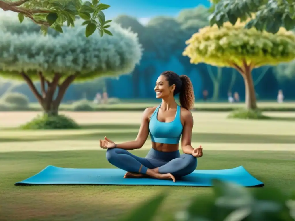 Una escena vibrante en el parque: personas de todas las edades y orígenes practicando yoga, corriendo, jugando y picnic