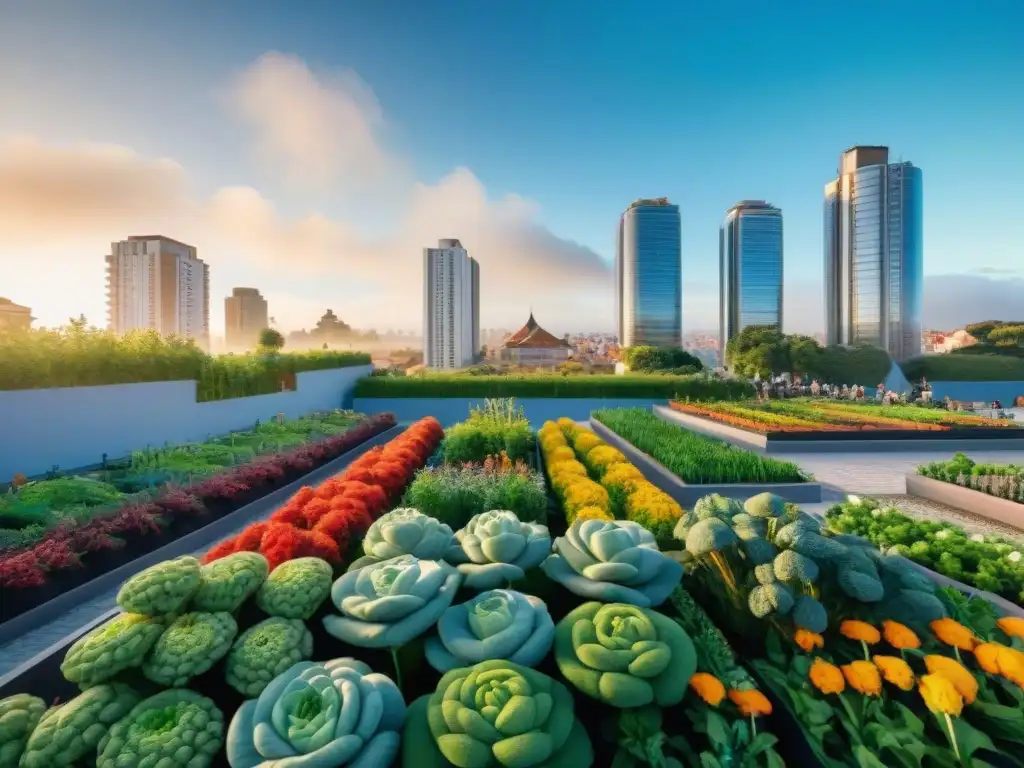 Una escena vibrante de Permacultura urbana en Uruguay: una calle convertida en jardín sostenible con gente cultivando y cosechando