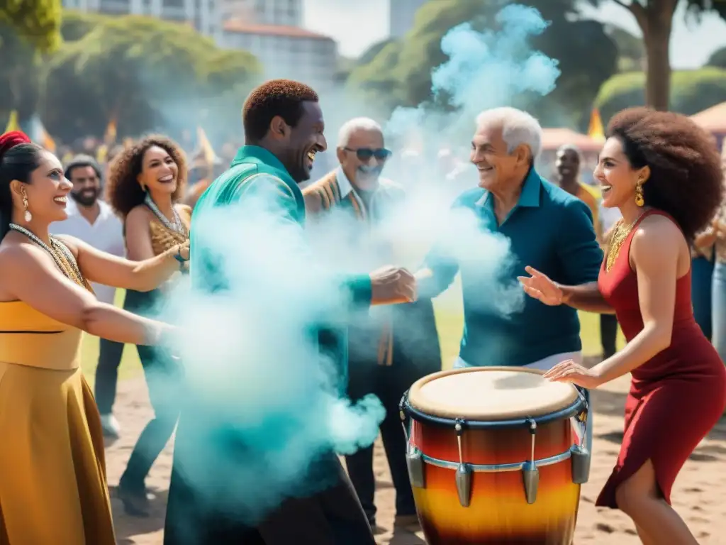 Una escena vibrante de personas diversas de todas las edades y orígenes, tocando tambores y bailando candombe en un parque soleado