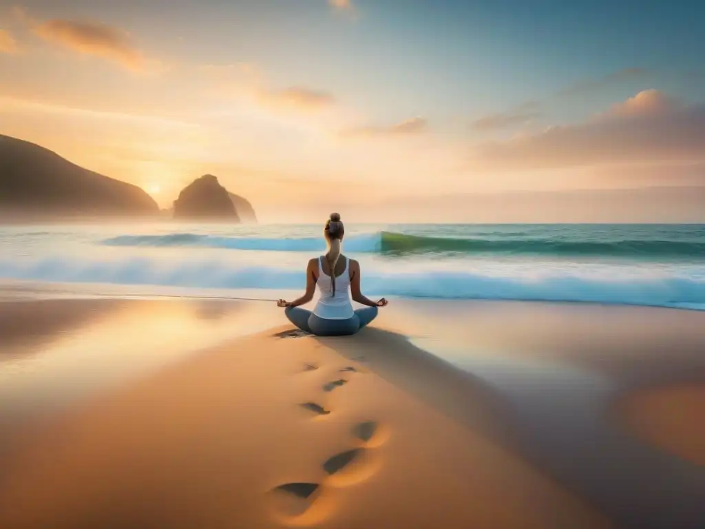 Un escenario de playa sereno al atardecer, con olas suaves, gaviotas y una persona practicando yoga en una duna