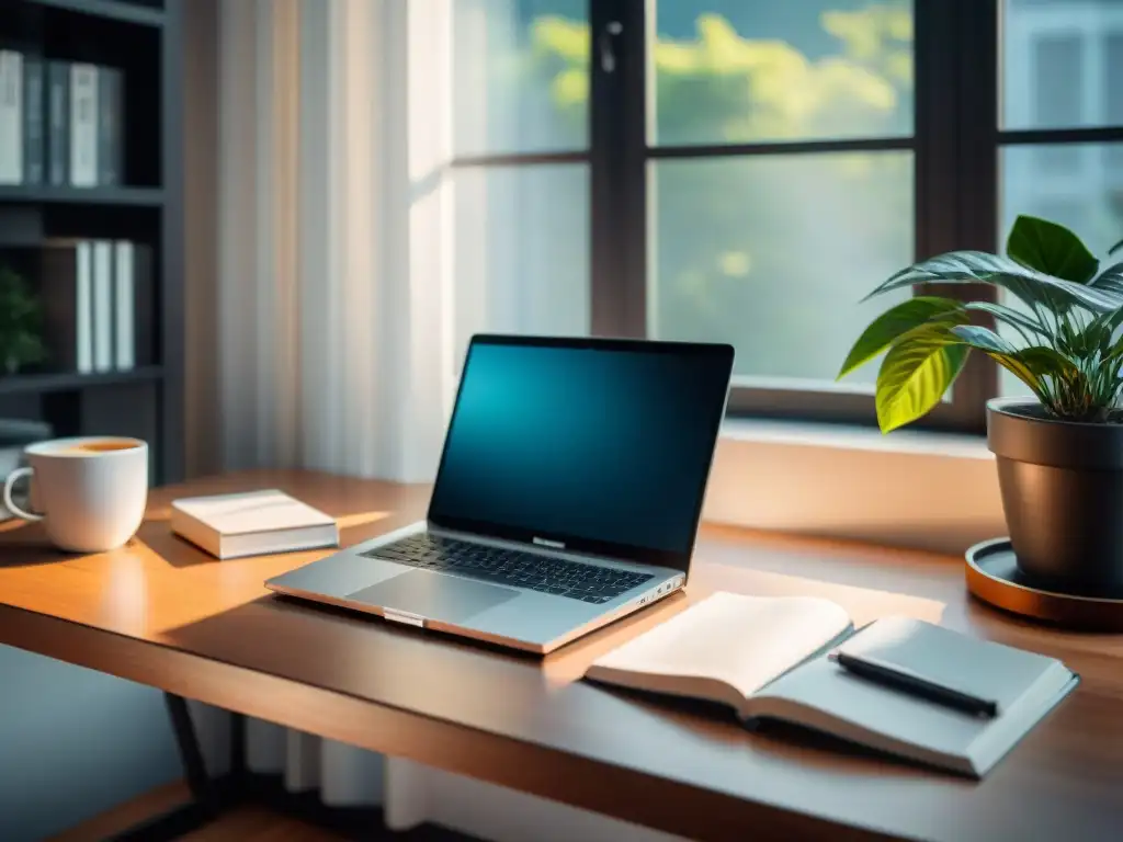 Un escenario sereno y moderno con una mesa minimalista, laptop, libros, planta, café bajo la luz natural, ideal para concentrarse