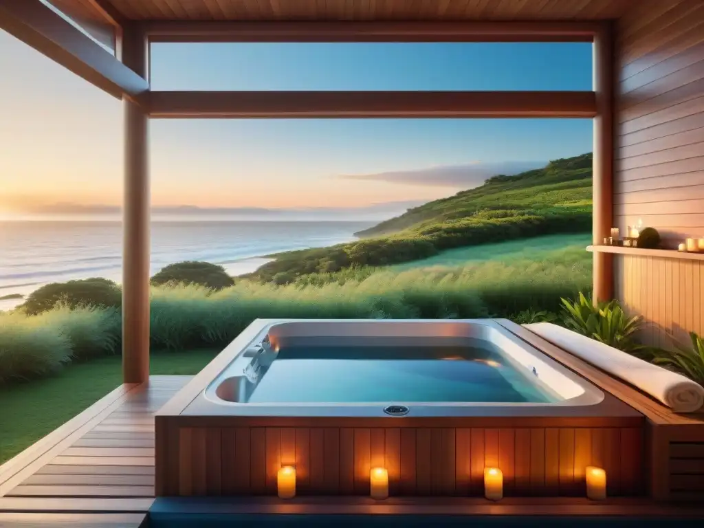 Escenario de spa en Uruguay: sauna de madera, jacuzzi burbujeante, vegetación exuberante y vista a la playa al atardecer