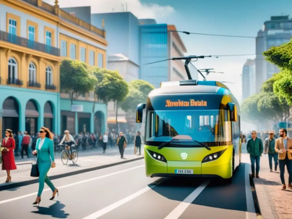 Un escenario urbano vibrante en Uruguay, con un autobús eléctrico moderno y una comunidad compartiendo armoniosamente el espacio