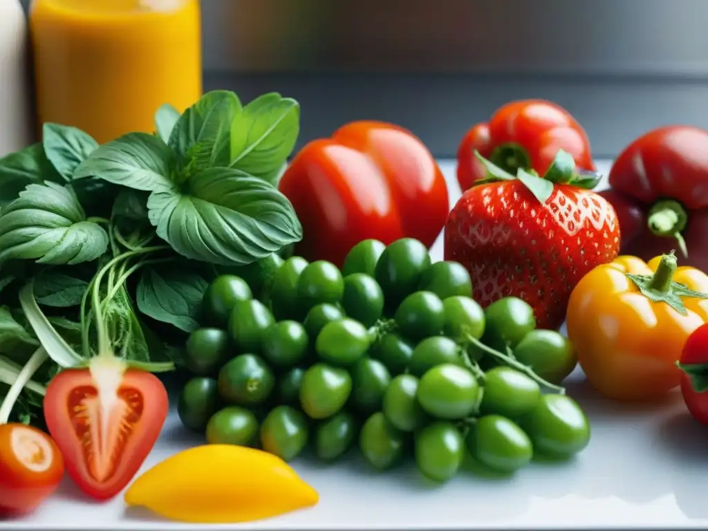 Un escenario vibrante de frutas y verduras frescas en una cocina moderna de Uruguay