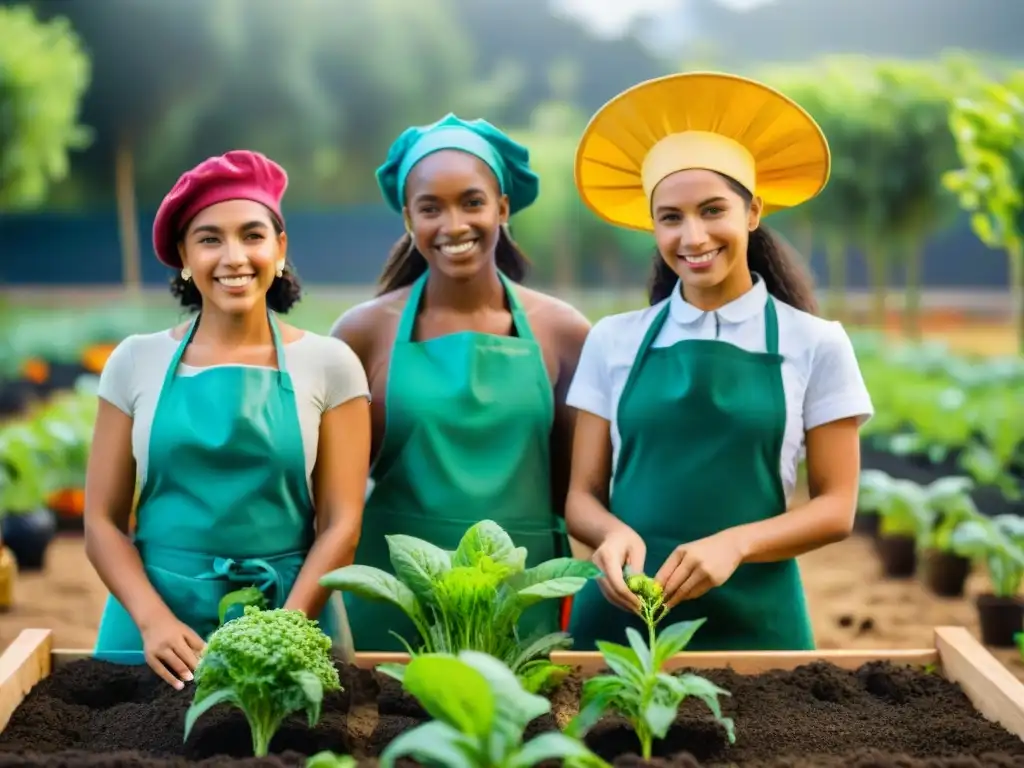 Un jardín escolar vibrante en Uruguay con niños felices plantando frutas y verduras, promoviendo la nutrición sostenible en escuelas Uruguay