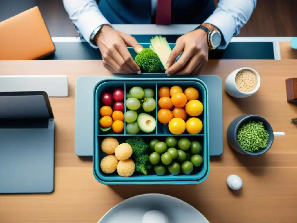 Un escritorio de oficina moderno con una lonchera de comida saludable