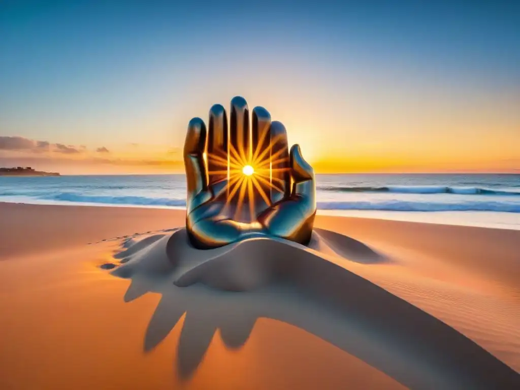 Escultura de mano en la arena de Punta del Este con un atardecer impresionante, representando las vacaciones integrales en Uruguay