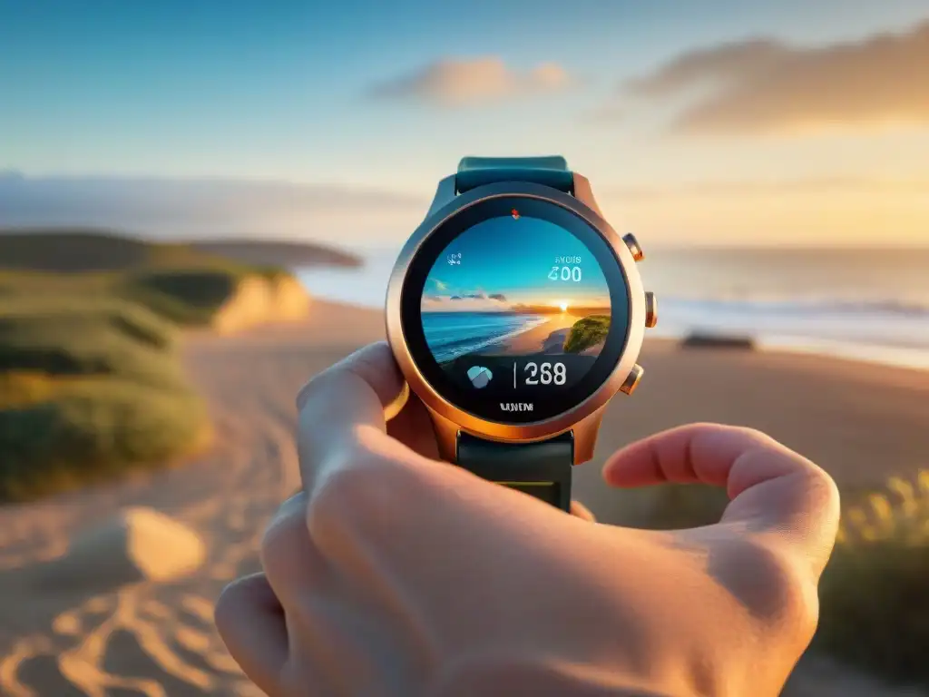 Wearables fitness esenciales Uruguay: Smartwatch en runner al amanecer en una playa serena