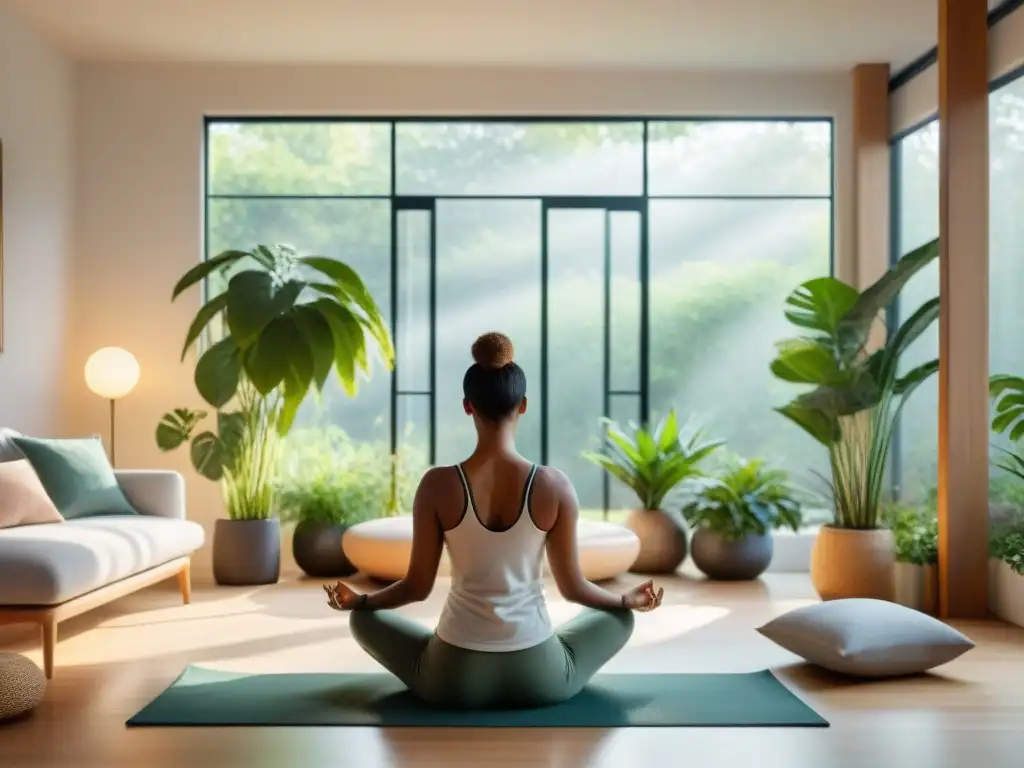 Espacio de autocuidado y bienestar mental en Uruguay: sala moderna con vista a jardín verde, decoración minimalista y meditación serena